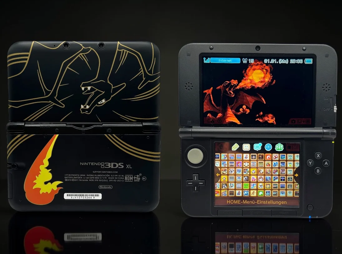 Nintendo 3DS XL - Schwarz, Glurak Design