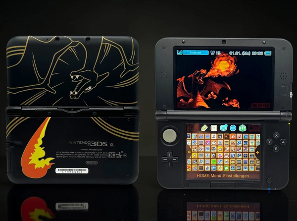 Nintendo 3DS XL - Schwarz, Glurak Design