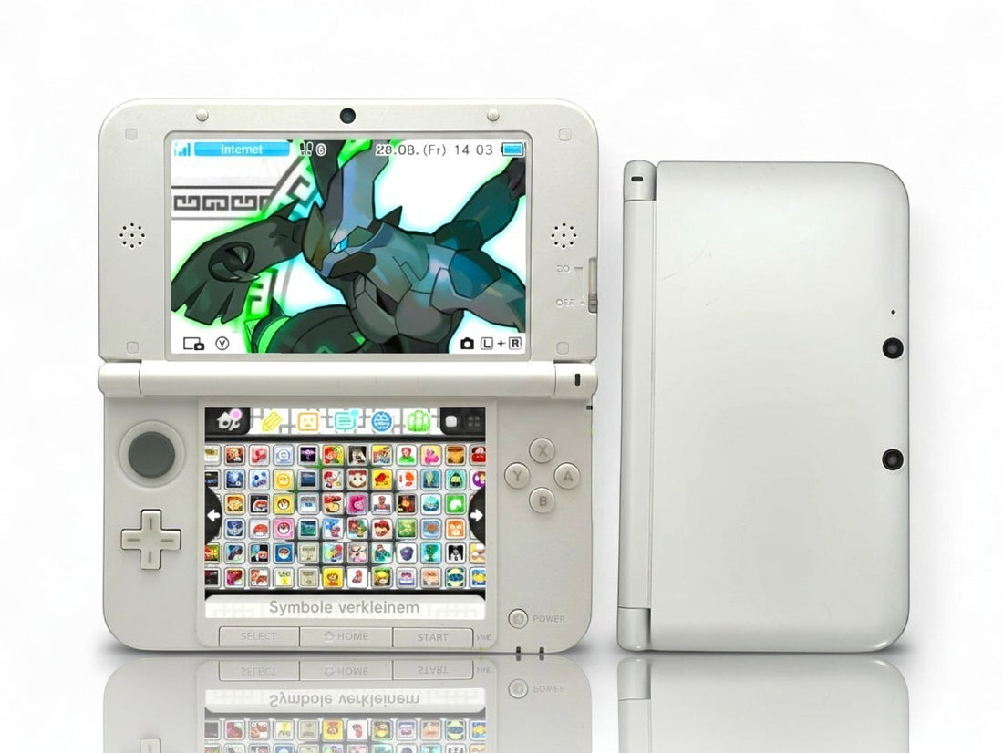 ReCollected refurbished white Nintendo 3DS XL handheld console showing dual screens and game menu